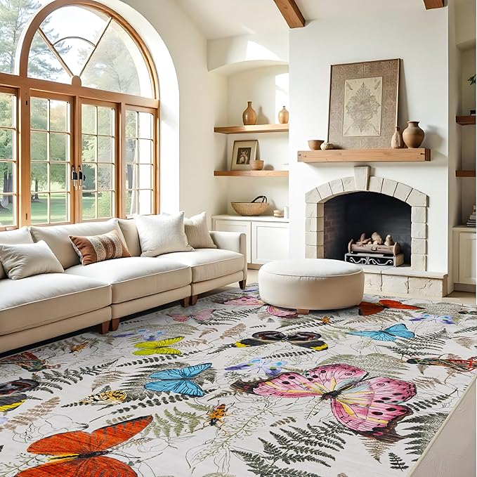 RUUGME Washable 9x12 Area Rug - Large Boho Rugs for Living Room Stain Resistant Carpet Vintage Tribal Rugs for Bedroom with Non Slip Backing Home Decor Floor Decoration Mat 9x12 Butterfly Beige