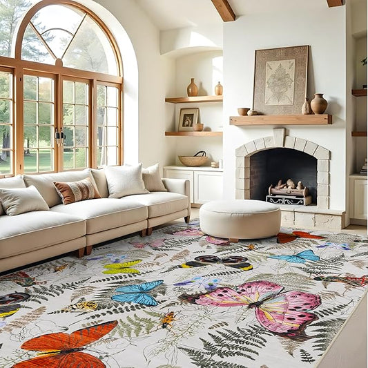 RUUGME Washable 9x12 Area Rug - Large Boho Rugs for Living Room Stain Resistant Carpet Vintage Tribal Rugs for Bedroom with Non Slip Backing Home Decor Floor Decoration Mat 9x12 Butterfly Beige