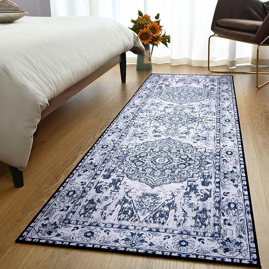 YJ.GWL Area Rug 2x7, Machine Washable Hallway Runner Rug, Boho Floral Vintage Distress Print Pattern Carpet, Low Pile Lightweight Thin Rugs for Entryway, Kitchen and Corridor, Blue/White