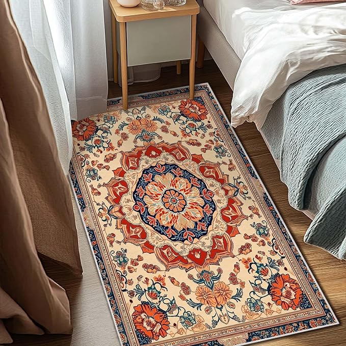 3x5 Entryway Rug Boho Orange Blue Area Rug Indoor Entrance Non Slip Door Mat Stain Resistant Washable Machine Soft Low Pile Small Carpet Bathroom Kitchen