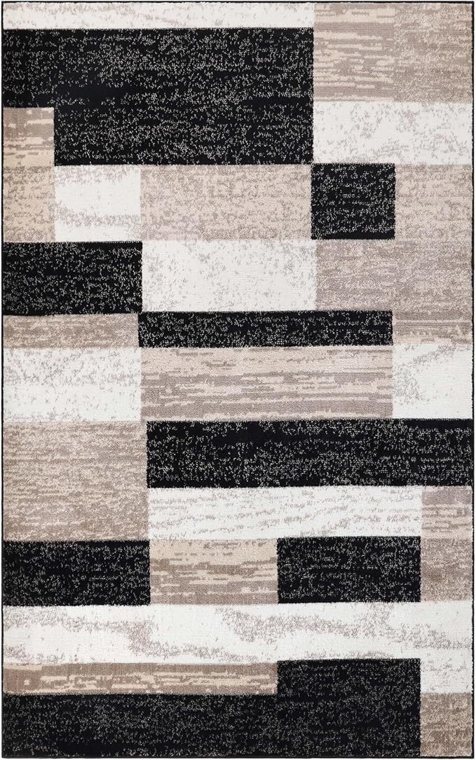 Superior Indoor Area Rug, Jute Backing, Plush Modern Rugs for Entryway, Kitchen Floors, Office Floor Cover, Color Block Rugs, Rockwood Collection, 5' x 8', Ivory/Beige