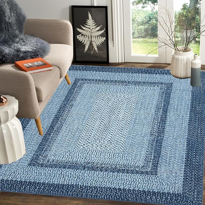 Printed Braided Pattern Washable Rugs 3x5 Rug for Living Room Modern Rug for Bedside Farmhouse Non Slip Entryway Rug Soft Stain Resistant Carpet for Nursery Entrance Dining Room 3'x5' Blue
