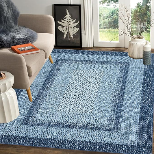Printed Braided Pattern Washable Rugs 3x5 Rug for Living Room Modern Rug for Bedside Farmhouse Non Slip Entryway Rug Soft Stain Resistant Carpet for Nursery Entrance Dining Room 3'x5' Blue