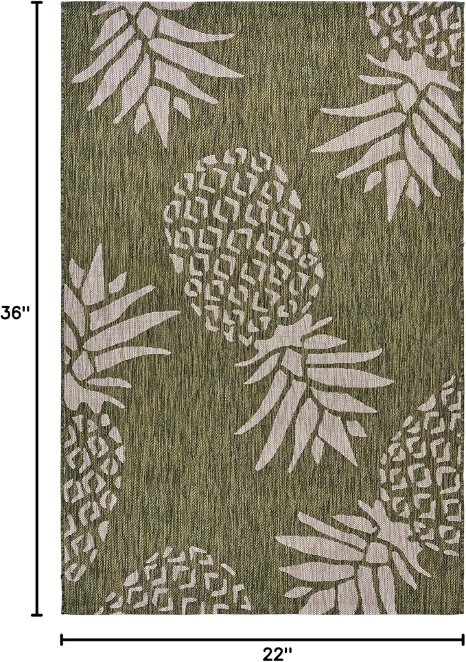 LR Home 2 x 3 Indoor/Outdoor Area Rug for Home Decor | Coastal Pineapples Carpet for Living Room, Bedroom, playroom, Patio, Garden | Modern Farmhouse Rug | Dark Green/Beige