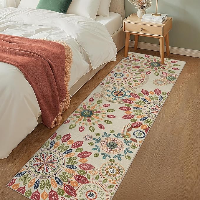 Bavni 2x7 Hallway Runner, Floral Washable Runner Rug, Ultra Thin Bathroom Rug Runner Non Slip Rubberback, Stain Resistant Rugs for Bedroom, Laundry Room, Beige Red