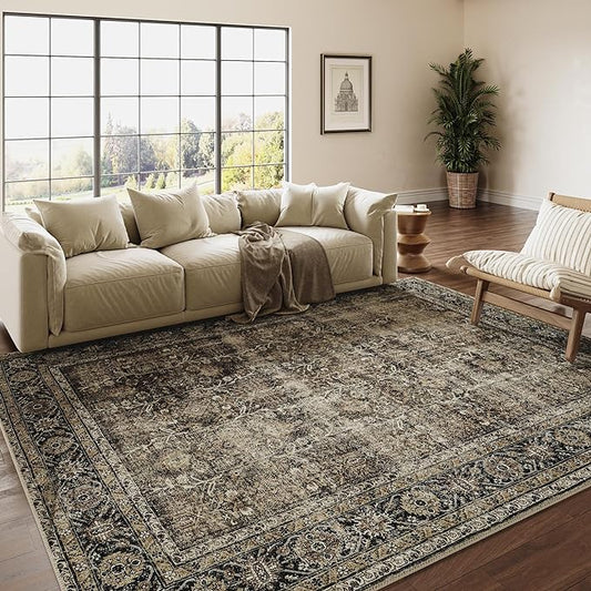 Vintage Area Rug 5x7 Brown Washable Living Room Large Carpet Non Slip Bedroom Indoor Office Low Pile Traditional Distressed Retro Accent Rug for Dining Room Bathroom Kitchen