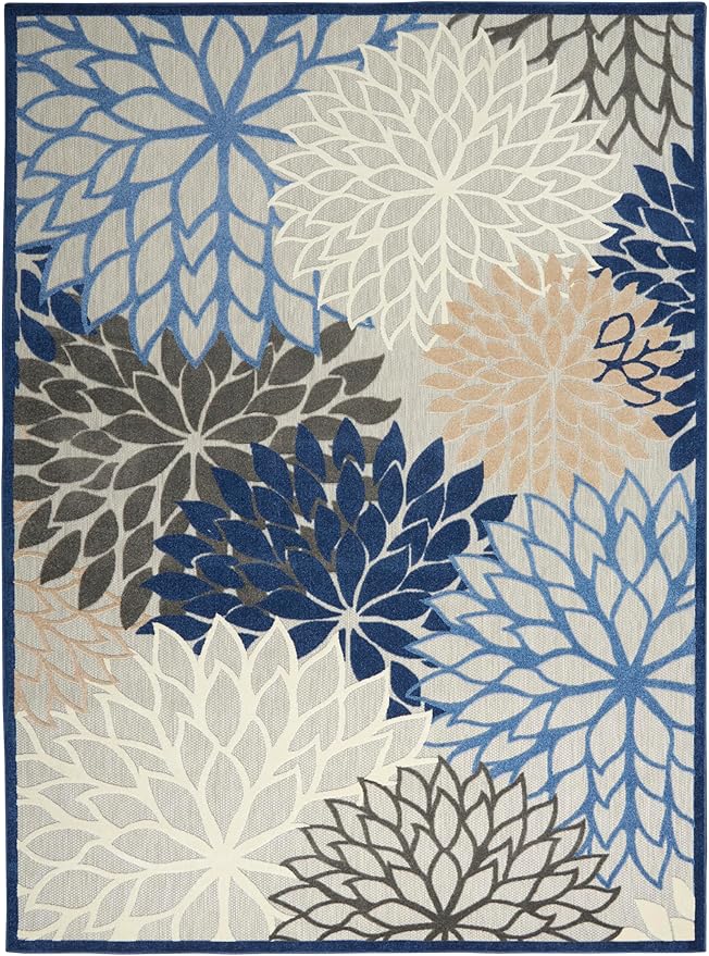 Nourison Aloha Indoor/Outdoor Blue/Multicolor 9' x 12' Area Rug, Tropical, Botanical, Easy Cleaning, Non Shedding, Bed Room, Living Room, Dining Room, Deck, Backyard, Patio (9x12)