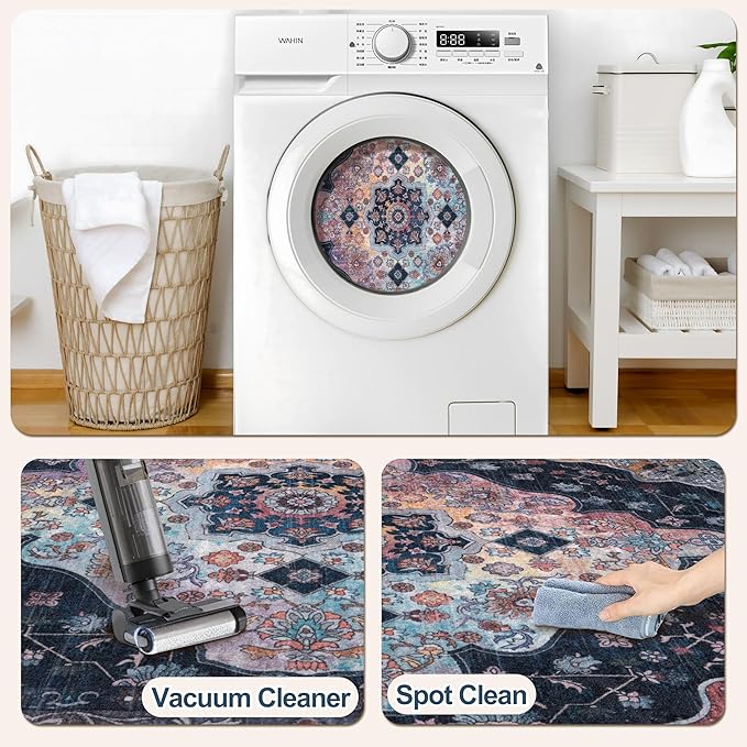 2.6x8 Washable Runner Rug for Hallways, Non Slip Vintage Runner, Soft Low Pile Long Rug Runner, Print Distressed Navy Carpet Runners for Kitchen Bedroom Entryway Bathroom Living Room