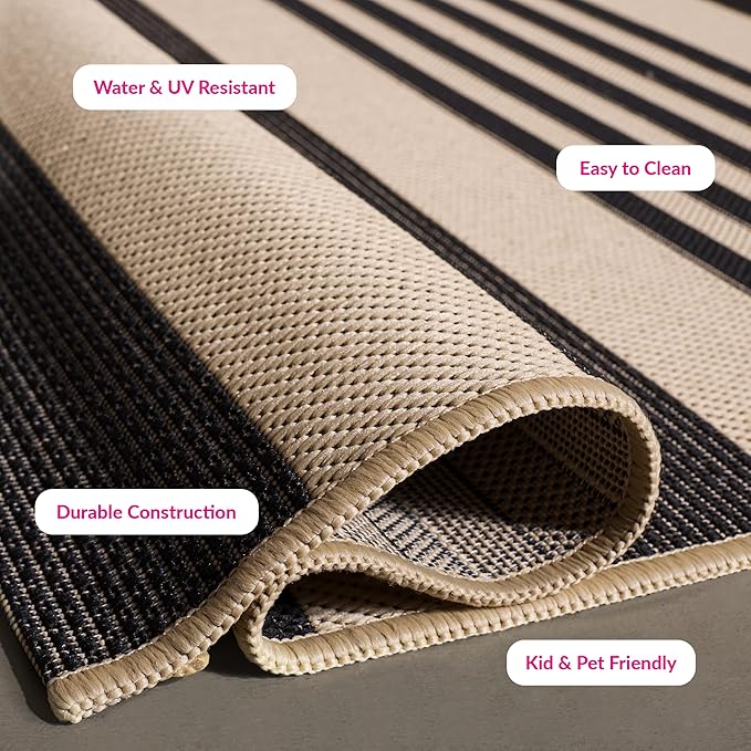 SAFAVIEH Courtyard Collection Area Rug - 8' x 10', Black & Bone, Stripe Design, Non-Shedding & Easy Care, Indoor/Outdoor & Washable-Ideal for Patio, Backyard, Mudroom (CY6062-216)