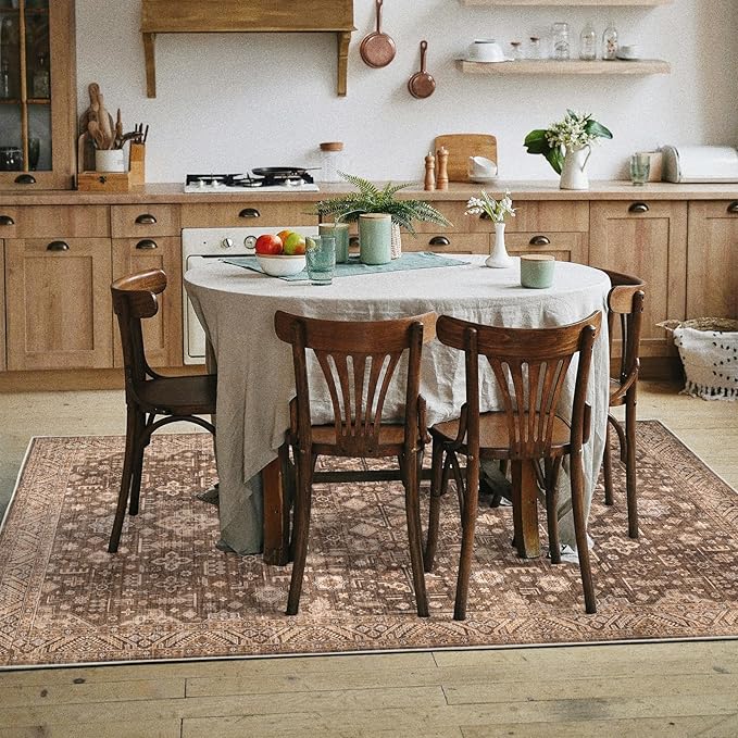 Vintage Washable Area Rug for Living Room,Low Pile 6x9 Non Slip Carpet Non-Shedding Area Rug Soft Indoor Stain Resistant Rug Floral Print Mat for Bedroom Dining Room Brown