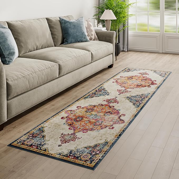 Dripex 2x8 Runner Rug, Machine Washable Non Slip Area Rug,Boho Kitchen Runner Rug, No Pile Lightweight Vintage Rug, Floor Carpet for Entryway, Hallway, Kitchen and Corridor,Multi