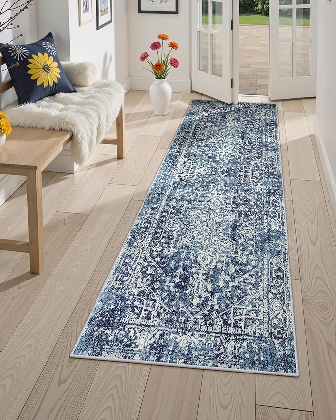 Morebes Washable 2x5 Bathroom Runner Rug, Vintage Medallion Runner Rug for Kitchen, Soft Low Pile Non Slip Indoor Floor Throw Carpet for Entryway Bedroom Hallways, Deep Blue