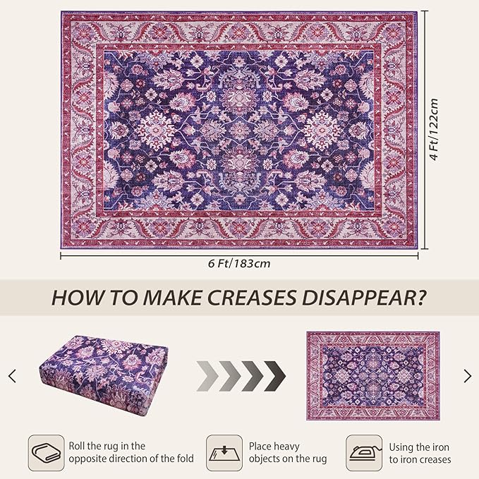 Area Rugs for Living Room, 4x6 Washable Rugs for Bedroom, Non-Slip Retro Floral Carpet for Entryway Office Kitchen Dining Room, Blue and Purple