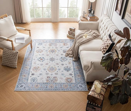 Slate Gray Washable Area Rug with Soft Faux Wool Fabric and Non-Slip Backing for Bathroom, Living Room, Bedroom, Printed Boho Floor Decor Stain-Resistant Foldable Mat (Gray, 5' x 7')