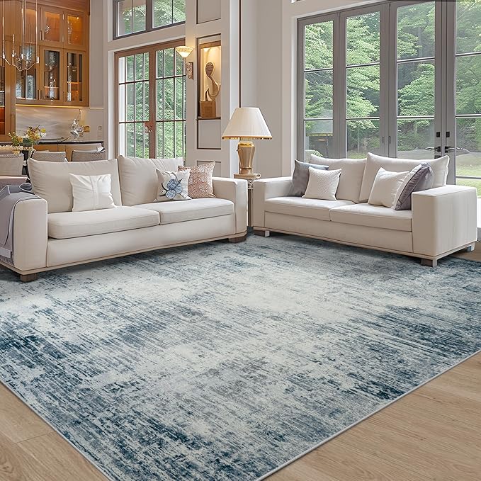 10x14 Area Rugs for Living Room: Soft Abstract Large Area Rug Non-Shedding Anti-Skid Stain Resistant Indoor Floor Modern Washable Rugs for Bedroom Dining Room Nursery Farmhouse Home Office-Blue/Ivory
