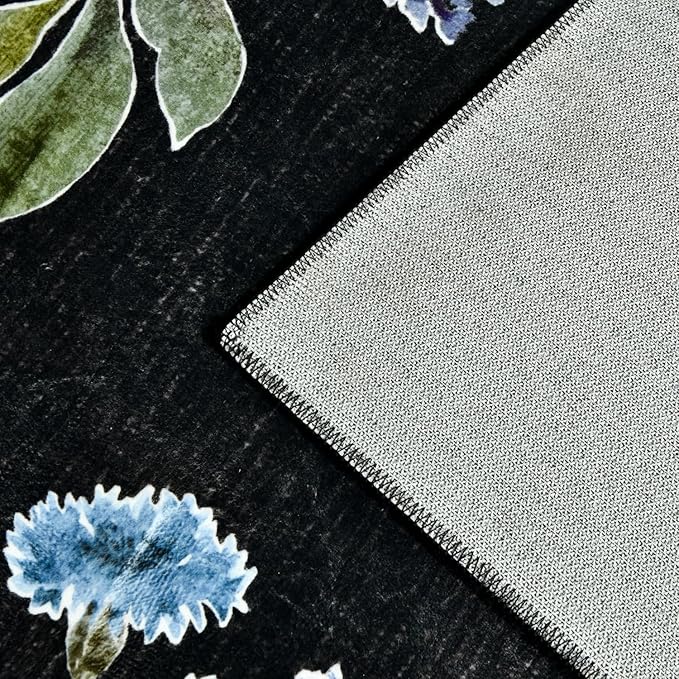 YJ.GWL Floral Black Area Rug for Living Room - 5x7 Washable Rug Soft Low Pile Stain Resistant Throw Accent Rug Carpets for Bedroom Dining Room Kids Nursery Room Office Kitchen