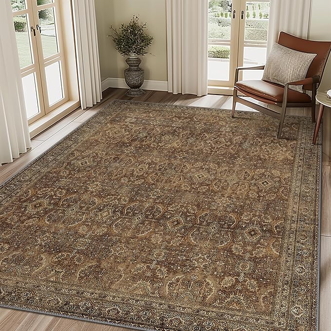 6X9 Area Rugs Machine Washable Rugs for Living Room, Vintage Boho Large Rugs for Bedroom Dining Room, Non Slip Indoor Soft Distressed Lightweight Thin Low Pile Carpet, Rustic Brown