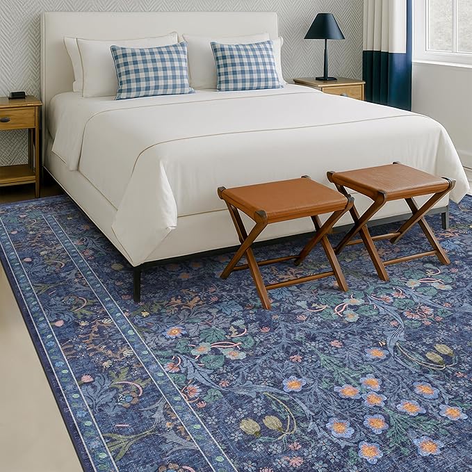 Vintage Dark Blue Living Room Rug, 8x10 Washable Area Rugs for Bedroom, Dining Room Rugs Under Kitchen Table, Oriental Low Pile Stain Resistant Non-Slip Large Rug