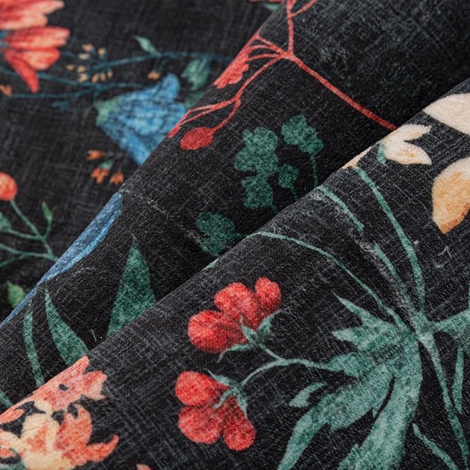 Black Area Rug 6x9 Floral Washable Living Room Kitchen Boho Carpet Non Slip Low Pile Indoor Accent Lightweight Soft Throw Rug for Bedroom Office Dining Room Nursery Farmhouse
