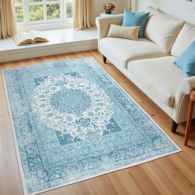 3x5 Area Rug for Bedroom, Machine Washable Rugs with Non-Slip Backing for Living Room, Soft Vintage Carpet Kitchen Laundry Kids Room Decor, Blue & White