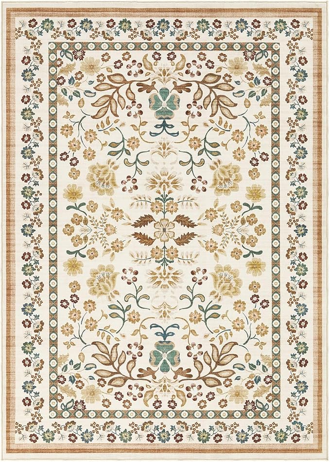 10x14 Area Rug Living Room Rugs - Washable Boho Vintage Floral Large Soft Non Slip Thin Rug Low Pile Carpet for Bedroom Dining Room Kids Playroom Office Decor Indoor- Brown