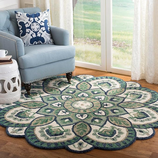 SAFAVIEH Novelty Collection Area Rug - 12' Round, Ivory & Blue, Handmade Boho Floral Rustic Country Wool, Ideal for High Traffic Areas in Living Room, Bedroom (NOV604M)