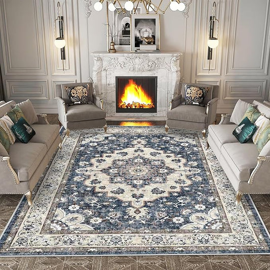 Washable Living Room Area Rug - 8 x 10 Stain Resistant Medallion Soft Bedroom Rugs Distressed Design Non Shedding Carpet for Indoor Outdoor Floor Coverings (8x10 Blue)