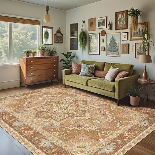 Washable Area Rugs 8x10 Living Room Boho Non Slip Thin Carpet Stain Resistant Vintage Brown Printed Oriental Distressed Rug for Bedroom Low Pile