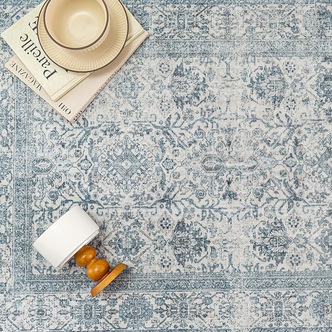 Vintage Area Rug 3x5 Blue Entryway Office Washable Carpet Non Slip Bedroom Indoor Living Room Door Mat Low Pile Traditional Distressed Retro Accent Rug for Dining Room Bathroom Kitchen