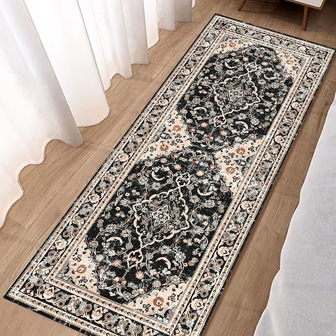Vhong Washable Area Rugs Boho Runners Vintage Modern Neutral Carpet Black and Brown 2×6 High Traffic Rugs for Kitchen Hallway Living Room Non Slip