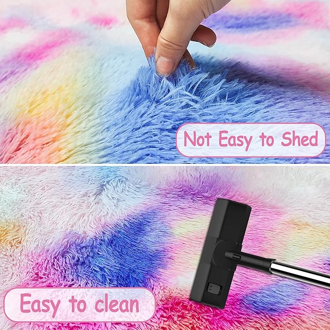 2x3 ft Small Throw Rugs Furry, Non Slip Mini Area Rug, Fluffy Tie-Dyed Rainbow Carpet,for Bedroom Door Entryway Indoor Inside Front Entrance Dog Mat, Home Decor Aesthetic, Nursery
