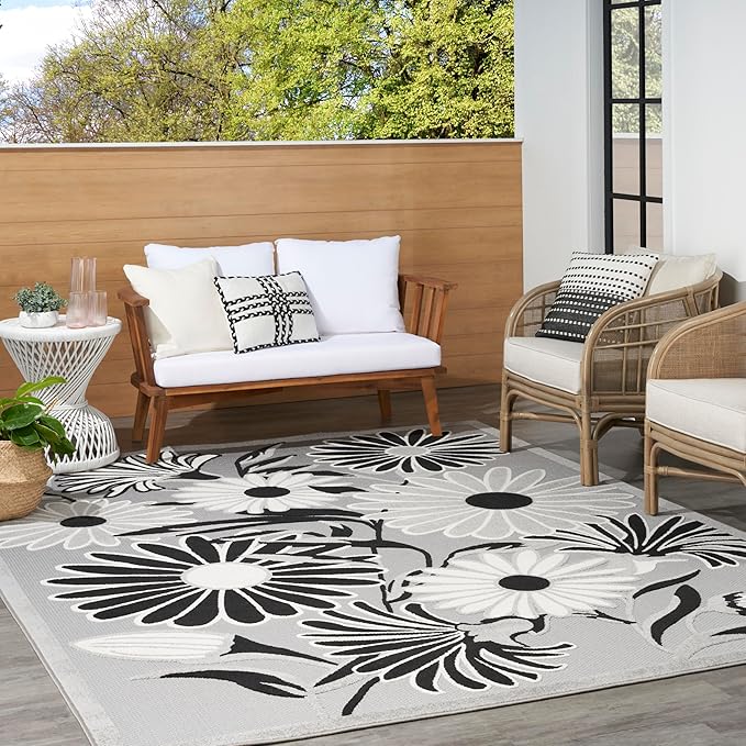 Nourison Aloha Indoor/Outdoor Black White 9' x 12' Area Rug, Easy Cleaning, Non Shedding, Bed Room, Living Room, Dining Room, Kitchen (9x12)