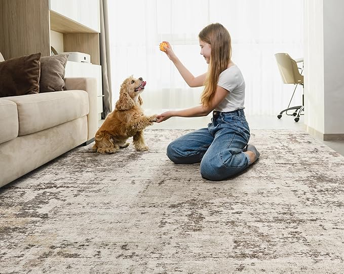 10x12 Area Rug Living Room Rugs - Washable Neutral Modern Abstract Soft Thin Large Rug Indoor Floor No Slip Rug Carpet for Bedroom Under Dining Table Home Office Decor - Dark Brown
