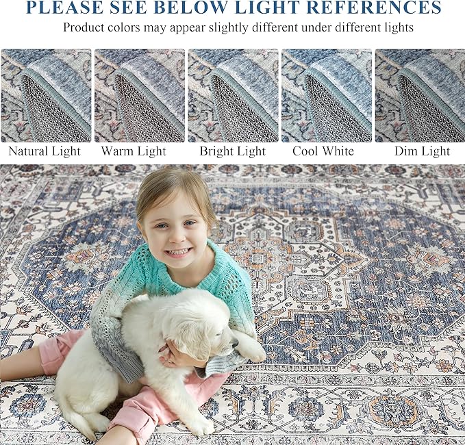 Vintage Area Rug, 4x6 Washable Rugs for Living Room Bedroom Entryway Indoor Door mat, Distressed Boho Country Accent Rugs, Thin Low-Pile Floor Carpet for Kids Pet (Navy/Grey)