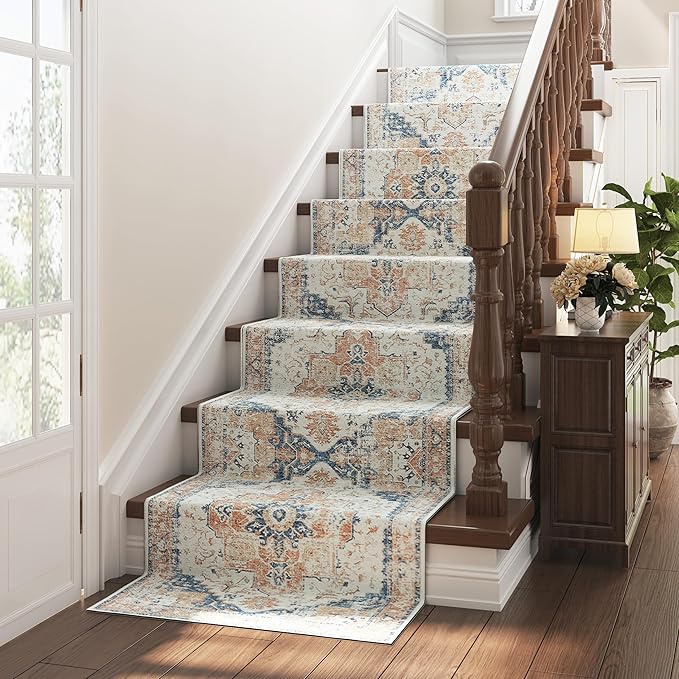jinchan Runner Rug 3x7 Vintage Hallway Rug Kitchen Washable Runner Retro Floor Cover Lightweight Non-Slip Low Pile Thin Distressed Carpet for Entryway Bathroom Laundry Room Bedroom Stairway Orange