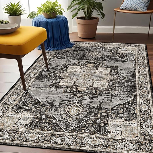 Washable 3x5 Area Rug - Soft Area Rugs for Living Room Stain Resistant Carpet Vintage Lightweight Rugs for Bedroom Kitchen entryway with Non Slip Backing Home Decor Small Mat 3X5 Black