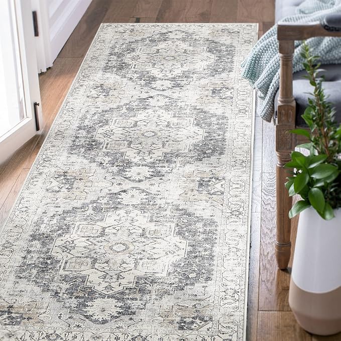 jinchan Runner Rug 2x5 Hallway Rug Kitchen Washable Runner Vintage Mat Retro Print Lightweight Non-Slip Accent Floor Cover Distressed Thin Carpet for Entryway Bathroom Bedroom Laundry Room Grey