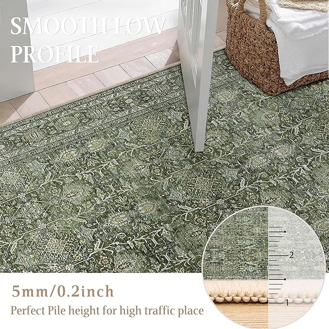 Vintage Area Rug 5x7 Green Washable Living Room Large Carpet Non Slip Bedroom Indoor Office Low Pile Traditional Distressed Retro Accent Rug for Dining Room Bathroom Kitchen
