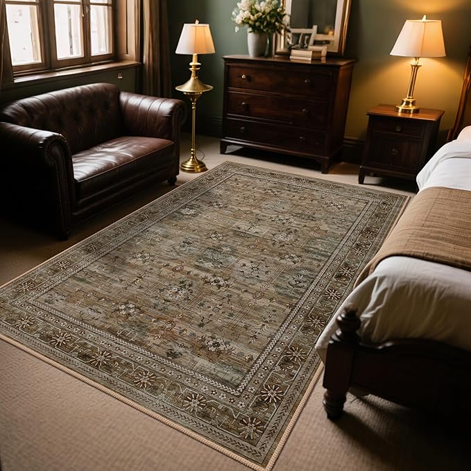 4x6 Area Rug for Bedroom Machine Washable, Non Slip Vintage Floral Kitchen Rugs for Dining Room, Low Pile Indoor Floor Print Carpet for Nursery Farmhouse Home Office Olive/Charcoal