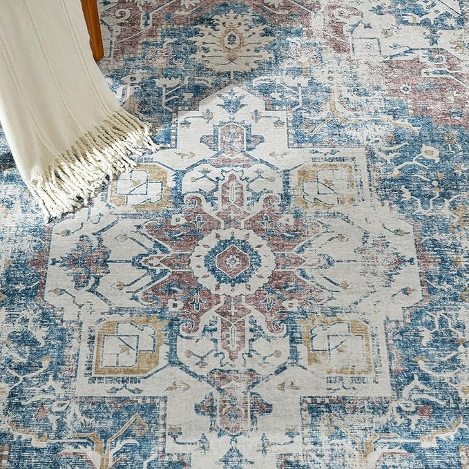 jinchan Runner Rug 2x10 Hallway Rug Kitchen Washable Runner Vintage Mat Retro Lightweight Non-Slip Floor Cover Distressed Thin Carpet for Entryway Bathroom Bedroom Laundry Room Stairway Navy Blue