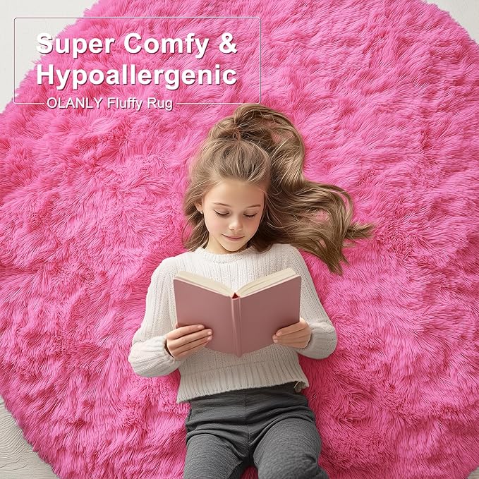 OLANLY Hot Pink Round Rugs for Bedroom - Machine Washable, 3x3 Feet Circle Area Rugs for Living Room, Soft and Fluffy Shaggy Carpet for Teen Girls and Boys, Nursery Rooms, Dorms, Home Decor Aesthetic