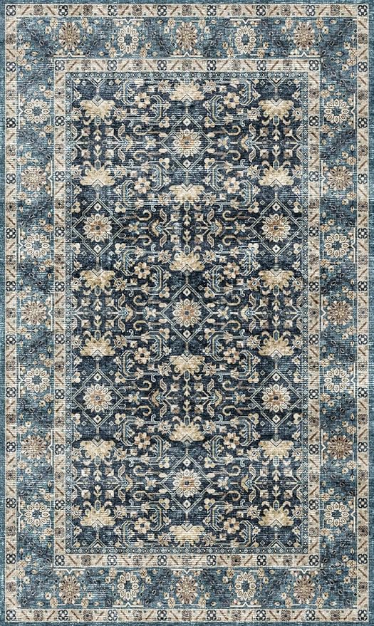 Dripex 3x5 Area Rugs, Machine Washable Non Slip Boho Rugs,Distressed Entryway Rug Doormat,No Pile Lightweight Vintage Rug, Smal Carpet Rug for Front Entrance,Office Bedroom,Navy Blue