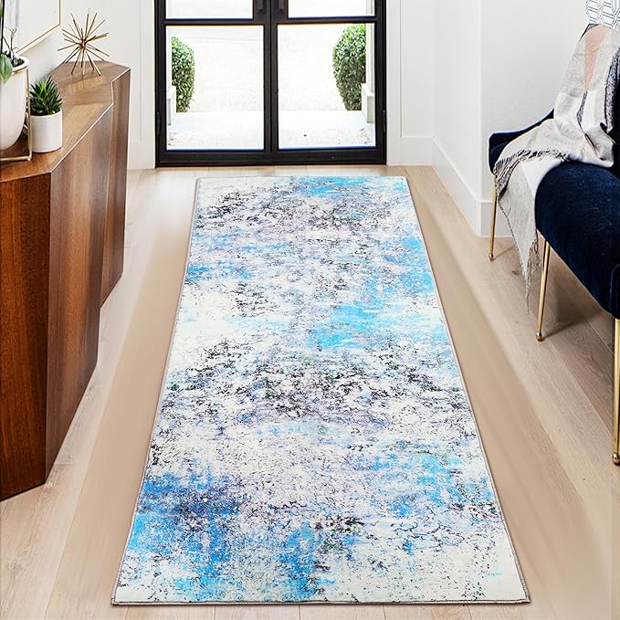 2x6 Runner Rug Abstract Washable Hallway Entryway Runner Rug Accent Print Ultra Soft Kitchen Runner Rug 6 Feet Non-Slip Boho Rug Runners for Laundry Room Entrance, Blue/Multi