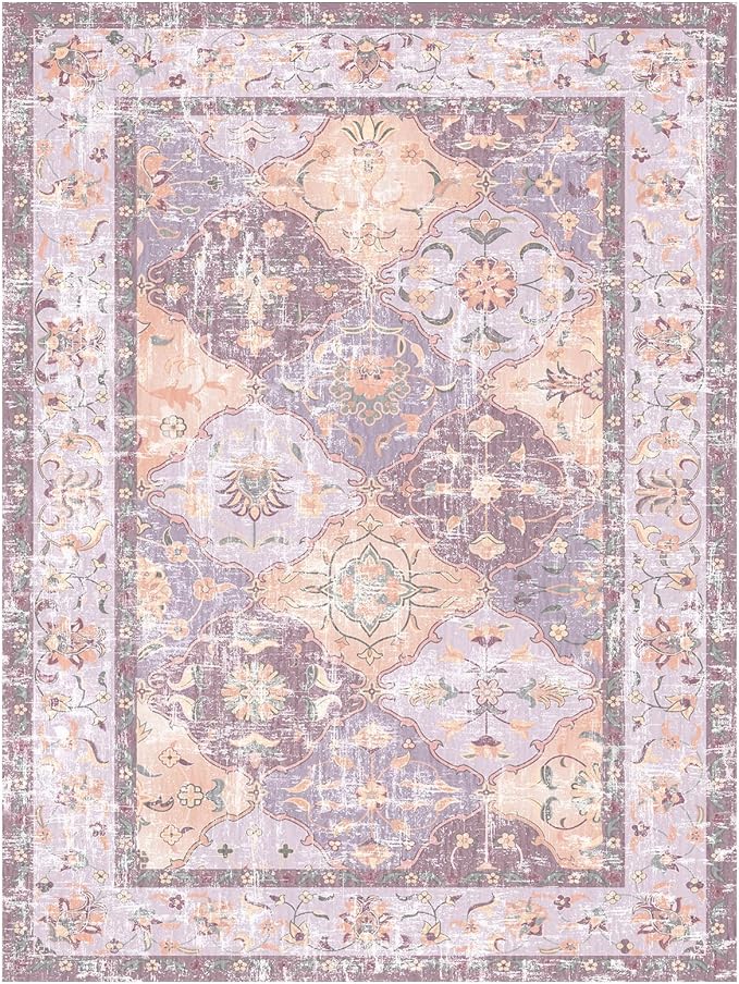 Washable Boho Vintage Purple Area Rugs 4×6 Traditional Mauve Carpert for Girls' Room Nursery Living Room Bedroom Dining Room Non-Slip