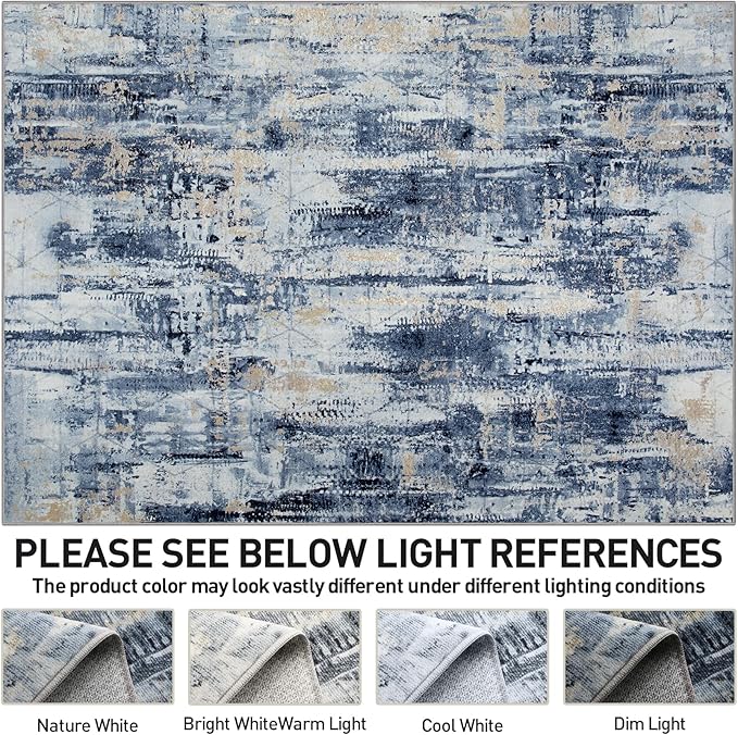 10x14 Area Rugs Washable Rug: Modern Abstract Living Room Rug Soft Anti-Skid Thin Carpet Indoor Floor Non-Shedding Carpets for Bedroom Dining Room Farmhouse Nursery Home Office Blue Gold