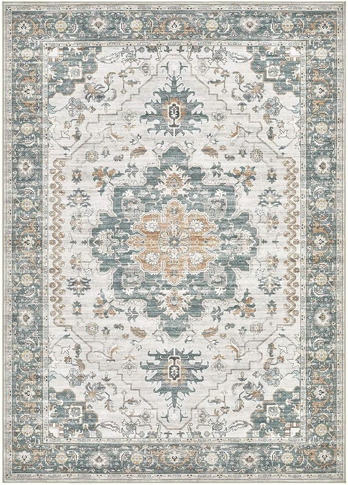 Washable Area Rugs for Living Room - 7x9 Neutral Vintage Distressed Floral Farmhouse Boho Large Soft Floor Rug Indoor Non Slip Carpet for Living Room Bedroom Dining Room Office - Green/Grey