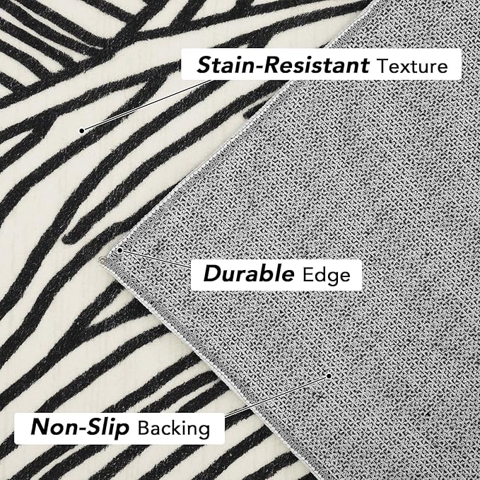 5x7 Modern Abstract Area Rugs for Living Room Non Slip Backing Washable Rug Indoor Carpet Bedroom Rug Low Pile Non-Shedding Soft Faux Wool Rug for Dining Room Nursery Office Ivory/Black