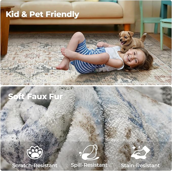 Kokia Washable Area Rugs 9x12 Living Room Boho Non Slip Thin Carpet Stain Resistant Vintage Linen Printed Oriental Distressed Rug for Bedroom Low Pile