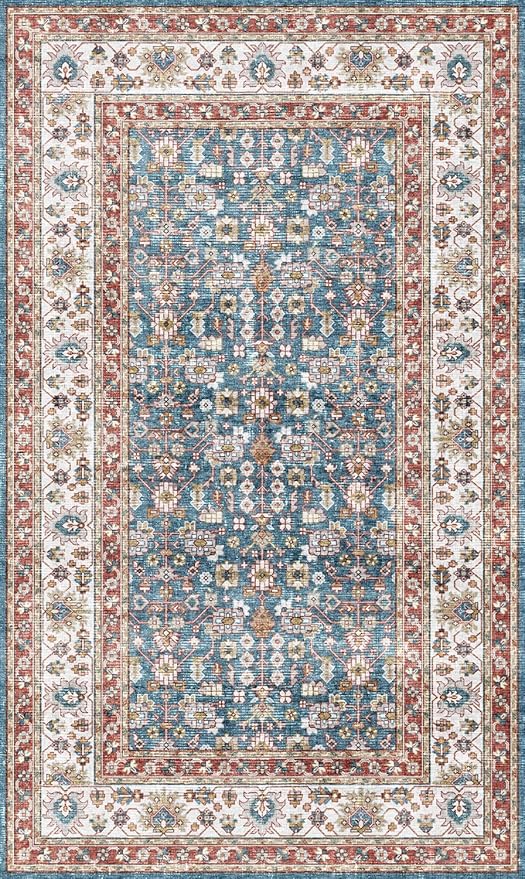 Dripex 3x5 Area Rugs, Machine Washable Non Slip Boho Rugs,Distressed Entryway Rug Doormat,No Pile Lightweight Vintage Rug, Smal Carpet Rug for Front Entrance,Office Bedroom,Blue and Red