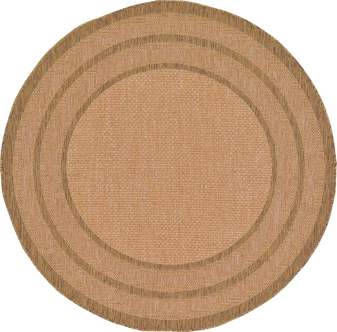 Unique Loom Outdoor Border Collection Area Rug - Multi Border (6' 1" Round, Tan/ Light Brown)